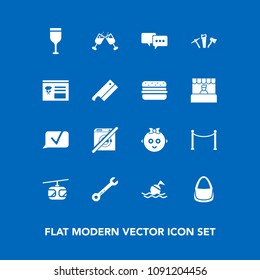 Modern, simple vector icon set on blue background with supermarket, spanner, rail, kid, help, transportation, repair, talk, drink, buoy, train, wash, blue, fence, communication, meat, hammer icons