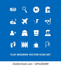 Modern, simple vector icon set on blue background with barrier, cappuccino, bathroom, cloth, espresso, transport, bath, cap, music, play, headwear, fitness, towel, hat, speed, road, bus, coffee icons