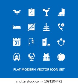 Modern, simple vector icon set on blue background with apple, food, life, globe, calendar, book, shower, medical, jacket, winter, cardiology, timetable, healthy, day, brochure, fruit, global icons