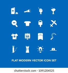 Modern, simple vector icon set on blue background with sickle, fashion, dessert, paper, double, hat, document, bulb, idea, furniture, business, tool, child, Texas Ranger hat, electricity, shine, cowboy icons