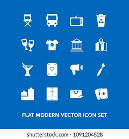 Modern, simple vector icon set on blue background with transportation, bear, recycle, bus, tv, waste, ball, sale, play, kid, bag, transport, wine, speaker, drink, clothing, baby, summer, brush icons