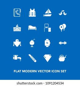 Modern, simple vector icon set on blue background with sweet, water, love, gem, safety, transportation, food, dessert, robot, government, travel, pigeon, watch, kitchen, technology, kettle, bird icons