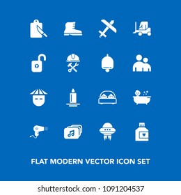 Modern, simple vector icon set on blue background with decoration, kid, mouthwash, candle, leather, music, hygiene, fork, mouth, dryer, dental, fashion, restaurant, footwear, space, spaceship icons