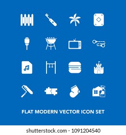 Modern, simple vector icon set on blue background with sand, fashion, puzzle, cleaner, summer, nature, paint, background, music, sound, clothes, exercise, fence, wall, barrier, white, protection icons