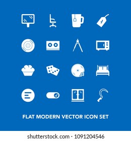 Modern, simple vector icon set on blue background with button, menu, comfortable, cassette , agriculture, success, mobile, dice, doughnut, cup, garden, casino, sign, bedroom icons