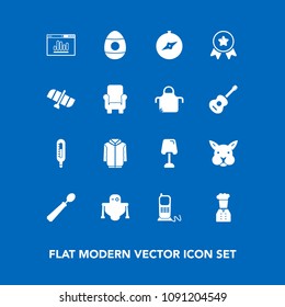 Modern, simple vector icon set on blue background with table, first, home, kitchen, easter, jacket, restaurant, dinner, spoon, communication, chief, place, android, map, winner, lamp, telephone icons