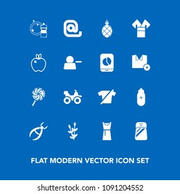 Modern, simple vector icon set on blue background with cleaner, kimono, envelope, harvest, road, clothes, concept, candy, bike, fresh, costume, extreme, exotic, pineapple, fruit, salt, tropical icons