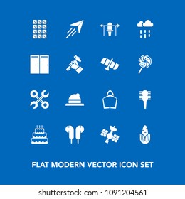 Modern, simple vector icon set on blue background with satellite, tool, hat, healthy, bar, dessert, fresh, brush, headwear, comb, industrial, sport, food, rain, style, cake, fly icons
