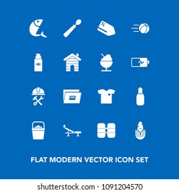 Modern, simple vector icon set on blue background with equipment, bucket, seat, fitness, oxygen, new, football, construction, spoon, ball, shirt, water, file, discount, handle, industry, sign icons