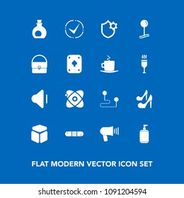 Modern, simple vector icon set on blue background with pin, medical, healthy, health, sign, music, security, point, olive oil, drop, fashion, square, megaphone, universe, speaker, bag, oil, up icons