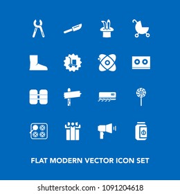 Modern, simple vector icon set on blue background with cutlery, knife, direction, way, celebration, repair, pram, lollipop, conditioning, jam, industrial, magic, cylinder, equipment, arrow, gas icons
