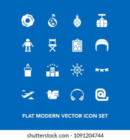 Modern, simple vector icon set on blue background with mail, rudder, flight, envelope, vacation, departure, bed, airplane, sound, nautical, planet, holiday, wildlife, helm, communication, flag icons