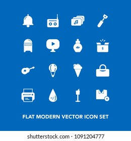 Modern, simple vector icon set on blue background with extreme, spoon, wine, drink, cream, bag, white, bottle, printer, sport, ring, mail, alarm, water, print, shirt, media, ice, musical, holder icons