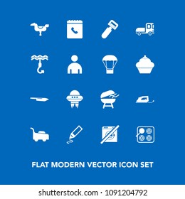 Modern, simple vector icon set on blue background with dont, lawn, phone, work, truck, child, spaceship, electric, happy, garden, wash, meat, cook, technology, vegetable, tool, play, vehicle icons