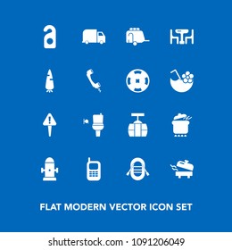 Modern, simple vector icon set on blue background with travel, meal, safety, hydrant, home, wc, restroom, mark, heater, equipment, pot, public, danger, mobile, bathroom, exclamation, delivery icons