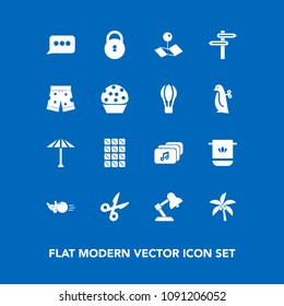 Modern, simple vector icon set on blue background with speech, towel, palm, pointer, cloth, location, ball, wear, bar, lamp, wagasa, pin, cut, leaf, music, chocolate, umbrella, bowling, sweet icons