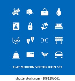 Modern, simple vector icon set on blue background with planet, mail, food, road, power, menu, underwater, vehicle, transport, dessert, play, kid, sweet, bag, space, happy, idea, child, bulb, car icons