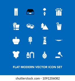 Modern, simple vector icon set on blue background with document, sweet, machine, child, jewelry, beacon, fresh, beer, judge, baby, holiday, file, trousers, data, justice, kid, folder, summer icons