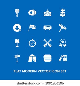 Modern, simple vector icon set on blue background with food, first, extreme, city, building, winner, water, north, achievement, cheeseburger, pan, folder, cooking, lamp, home, map, paddle, award icons