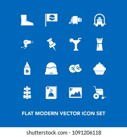 Modern, simple vector icon set on blue background with cookie, cap, hotel, equipment, service, clothing, sign, menu, frame, wheelchair, handicap, fashion, asia, nutrition, travel, fitness, pasta icons