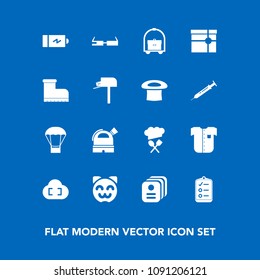 Modern, simple vector icon set on blue background with card, hot, mail, cloud, balloon, cute, energy, battery, shirt, room, box, observatory, id, present, leather, list, kitty, white, gift, mark icons