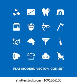 Modern, simple vector icon set on blue background with dentist, tooth, food, clothes, conditioner, location, dental, cloud, baby, white, pointer, kid, carriage, fire, guitar, brush, air, music icons