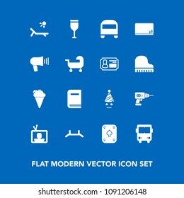 Modern, simple vector icon set on blue background with blank, sunny, transport, tv, television, alcohol, technology, ice, sweet, dessert, up, screen, drill, birthday, pull, chalk, glass, cream icons