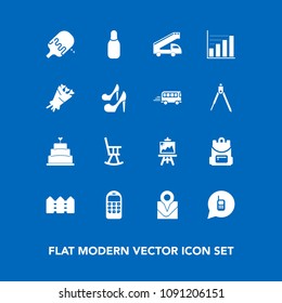 Modern, simple vector icon set on blue background with school, beautiful, diagram, transport, backpack, fashion, sweet, sport, bag, dessert, cream, bowling, office, truck, map, communication icons
