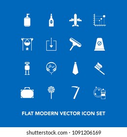 Modern, simple vector icon set on blue background with futuristic, bag, fashion, plane, sweet, hygiene, spanner, tie, diagram, soap, drink, liquid, glass, modern, clean, leather, airplane, audio icons