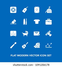 Modern, simple vector icon set on blue background with ice, map, game, drawer, atlas, snow, tag, stroller, eraser, play, helmet, sign, builder, dinner, white, child, data, poker, sale, foreman icons