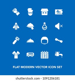Modern, simple vector icon set on blue background with hipster, sink, transport, concept, graphic, bus, schedule, fashion, potato, hand, style, speed, transportation, costume, road, kitchen, bow icons
