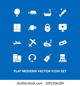Modern, simple vector icon set on blue background with bicycle, flight, sound, parachute, sport, pasta, headphone, parachuting, real, bathroom, plane, house, ticket, sign, business, travel, lock icons