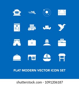 Modern, simple vector icon set on blue background with bag, white, theater, exploration, briefcase, chair, science, airplane, astronaut, sea, menu, comfortable, ship, travel, food, departure icons