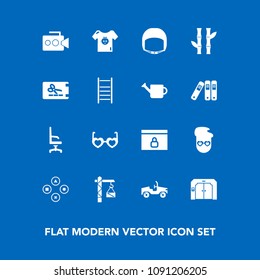 Modern, simple vector icon set on blue background with home, baby, technology, comfortable, car, clothing, play, lock, hippie, child, glasses, work, bamboo, retro, website, hammer, helmet, asia icons