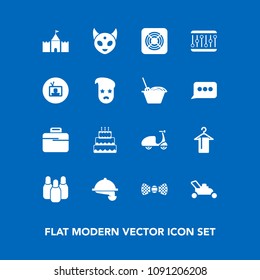 Modern, simple vector icon set on blue background with fiction, cycle, equipment, tv, air, cone, garden, concept, grass, briefcase, hanger, dessert, waiter, technology, clothing, service, sweet icons