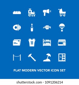 Modern, simple vector icon set on blue background with basketball, stroller, food, hostel, interior, tool, fruit, megaphone, game, furniture, sign, child, palm, file, supermarket, cabinet, train icons