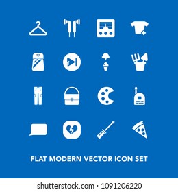 Modern, simple vector icon set on blue background with art, love, heart, sweet, ice, palette, bubble, equipment, broken, fashion, speech, child, clothing, machine, hanger, screwdriver, media icons