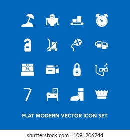 Modern, simple vector icon set on blue background with android, food, tool, cyborg, home, mask, luggage, king, beach, foot, television, equipment, white, travel, sea, technology, cabinet, robot icons
