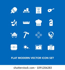 Modern, simple vector icon set on blue background with building, star, service, planet, play, spanner, wrench, equipment, celebration, drawer, box, media, present, night, online, guitar, sweet icons