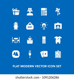 Modern, simple vector icon set on blue background with finance, fashion, child, accounting, pants, care, drink, image, game, picture, people, holiday, chair, plastic, gift, health, background icons