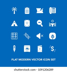 Modern, simple vector icon set on blue background with tent, radio, thermometer, game, dinner, oven, poker, phone, trash, stove, temperature, medicine, kitchen, communication, , dollar, gas, usd icons