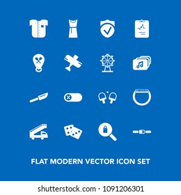 Modern, simple vector icon set on blue background with energy, fork, clothes, dinner, deactivate, security, dice, heart, cutlery, check, transportation, new, smart, off, gambling, white, sport icons