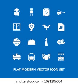 Modern, simple vector icon set on blue background with restaurant, guitar, futuristic, piece, ufo, grain, service, alien, diaper, sweet, room, play, robot, game, poker, dessert, chess, home, bar icons