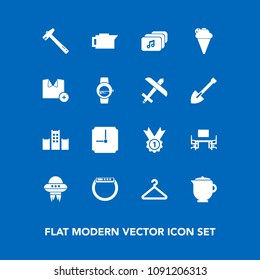 Modern, simple vector icon set on blue background with hotel, dessert, espresso, ice, space, award, spaceship, watch, business, food, sweet, vacation, desk, tool, hot, office, file, gadget, bed icons