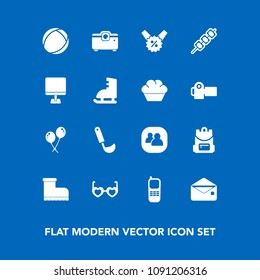 Modern, simple vector icon set on blue background with ladle, business, envelope, leather, fashion, kitchen, ball, internet, sunglasses, team, laptop, bag, backpack, telephone, celebration, sale icons