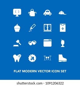 Modern, simple vector icon set on blue background with website, chef, computer, footwear, cargo, pinafore, health, car, cocktail, drum, browser, drink, transport, cap, beer, law, alcohol, hat icons