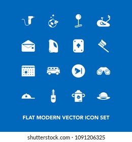 Modern, simple vector icon set on blue background with pin, bike, headwear, play, clothing, medical, fashion, equipment, binocular, cap, space, black, transportation, mascara, schedule, drop icons