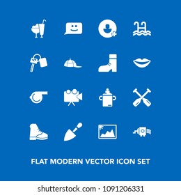 Modern, simple vector icon set on blue background with tool, face, water, video, shovel, plastic, cream, projector, construction, oar, dessert, referee, whistle, cheese, sign, boot, add, milk icons