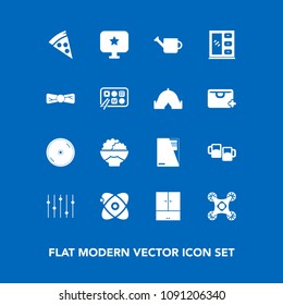 Modern, simple vector icon set on blue background with bar, cosmos, drink, universe, can, disc, gardening, camera, cd, file, equality, space, home, pub, sign, bow, tie, equipment, astronomy, dvd icons