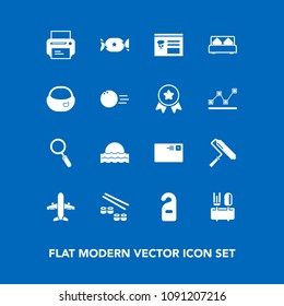 Modern, simple vector icon set on blue background with sushi, sunrise, hotel, food, print, spoon, send, airplane, roller, printer, mail, sun, internet, japan, restaurant, nature, letter, glass icons
